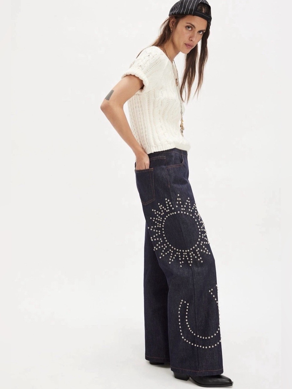 Free People Understated Leather Texas Jeans Studded Scene Zip Dark Indigo